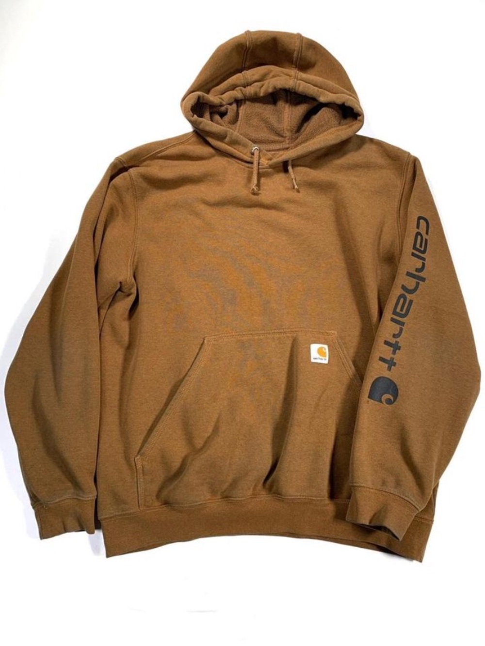 Carhartt Brown Logo Sleeve Hoodie size Large Thrashed Preloaded Character